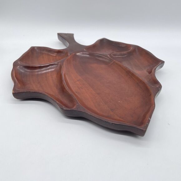 Vintage Solid Mahogany Leaf Tray Hand Carved Serving Dish Haiti Wood Platter 17” - Picture 4 of 10